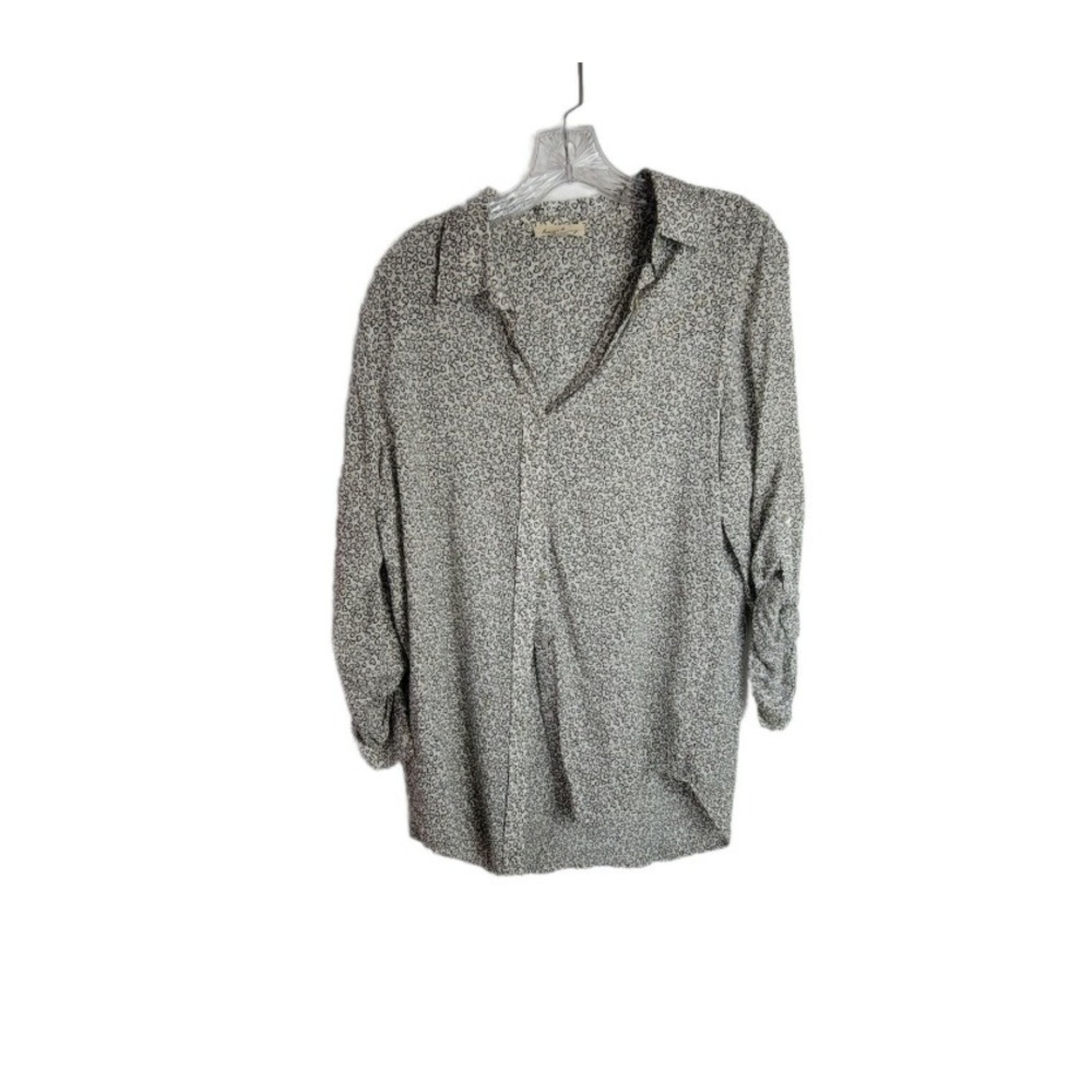 JANE & DELANCEY Heart Print Blouse Button Down SMALL Roll Tab Sleeves